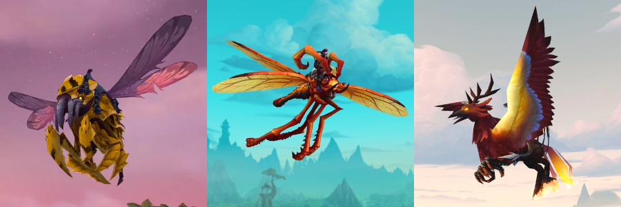 Left: the Royal Swarmer - a flying, yellow Nerubian bug with black stripes, against a pink evening sky. Centre: the Amber Skitterfly - an orange locust-like insect with big curly antennae, flying in front of a blue sky. Right: the Blazing Hippogryph - a maroon hipppogryph with light yellow stripes on is wings and a blazing tail, flying against a pale, milky sky