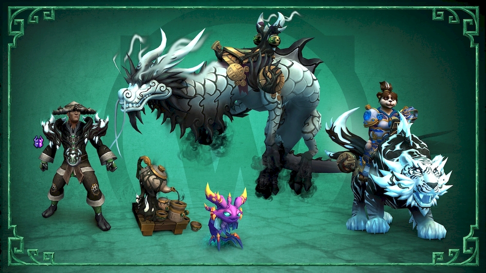 A Blizzard promotional image for the Mists of Pandaria Classic Sha-Infused Heroic Pack. The image depicts the grey, sha-infected ’Sha-Warped Cloud Serpent’, the black and white sha-infected ’Sha-Warped Riding Tiger’, a cute fuchsia and yellow sha companion pet called ’Merriment’, a Sha-Touched Tea Set toy, and a male human modelling Stormstout’s Sha-Warped Collection Transmog Set, which looks like a dark grey and silver monk uniform with sha infected patches.