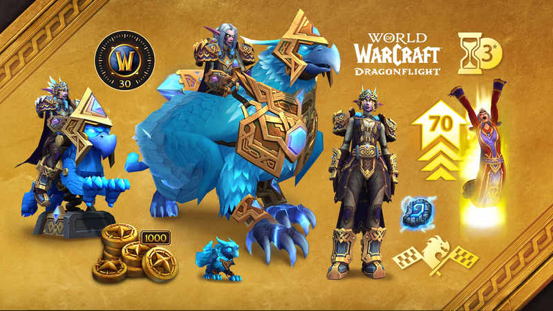 World of Warcraft: The War Within - Epic Edition expansion promotional poster, featuring the blue Algarian Stormrider gryphon, Squally - a blue baby storm gryphon companion pet, 1000 Trader
