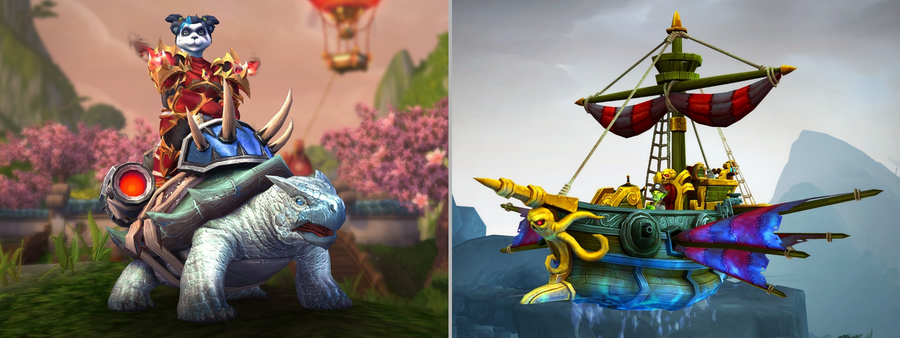 Left: A female pandaren in red robes riding a blue-grey turtle with teal shell. There are fiery cannons strapped to the side of the turtle and there
