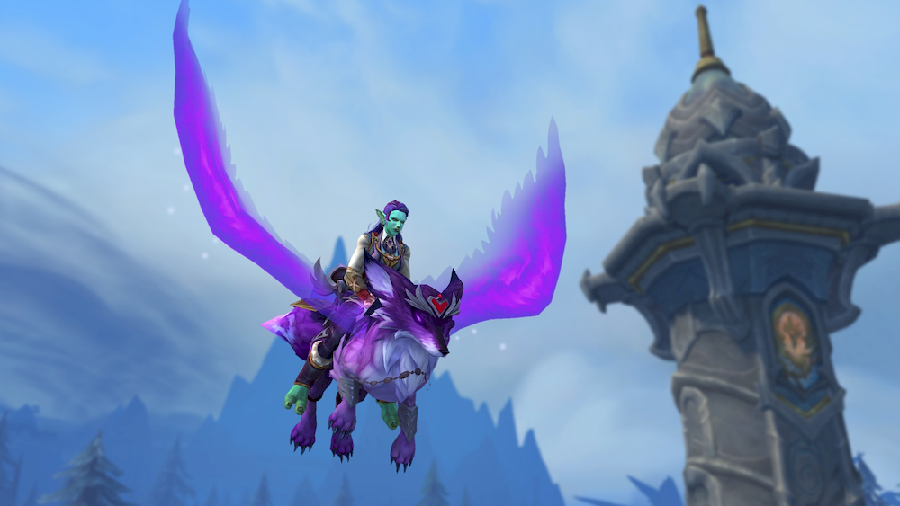 Left: A female troll with cyan skin and purple hair flying through the skies of the Dragon Isles on a purple fox with transparet purple wings. Some spruces and a Valdrakken-style tower are in the background.