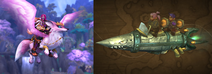 Left: A flying pink fox mount with pink wings, ridden by a male night elf with pink hair. Right: A silvery, retro sci-fi style rocket with a pointy nose, an open cockpit and two seats, one behind the other. The nose cone of the rocket has a decal that looks like a stylised angry shark. Two female gnomes ride in the seats, the driver with pink hair and the passenger with purple.