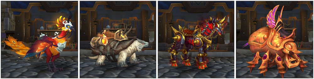 A panel of 4 Trading Post mounts for January 2025, left to right: Brilliant Sunburst Peafowl (orange peafowl); Savage Alabaster Battle Turtle (brown & grey battle turtle); Warforged Nightmare (evil-looking mechanical horse with dark metal, brass spikes, and red flames; Jeweled Copper Scarab (copper mechanical scarab with purple jeweled wings.