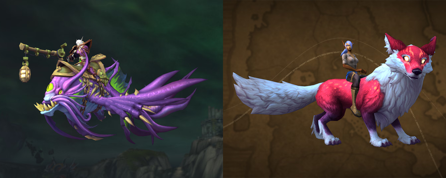 Left: a purple, carp-like fish mount with green eyes, including a large, central eye. Its riding harness includes a lantern that hangs before it from a pole. Right: a night elf woman riding a large, red vulpin - a fox-like creature with long, pointed ears and glowing yellow eyes.