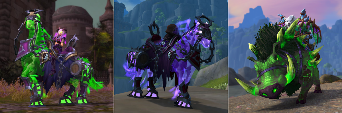World of Warcraft Trading Post mounts for July 2025. Left - Forsaken&apo;s Grotesque Charger: a female blood elf riding a transparent, bright green steed with chains for reins and purplish Forsaken harness, standing in the Ruins of Lordaeron; Centre - Wailing Banshee&apo;s Charger: a female gnome riding a transparent, bright purple steed with chains for reins and purplish Forsaken harness, with Dornogal in the background; Right - Unarmored Deathtusk Felboar: a pale worgen riding a fel green Draenor-style boar mount, with purplish harness, with the mountains of Dornogal in the background.