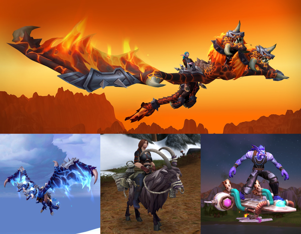 The World of Warcraft Trading Post mounts for June 2025: Molten Cormaera (Top, a female night elf riding an orange flaming cormaera, with tesselated dark brown patches, as if it was made from lava and magma); Coldflame Cormaera (bottom left, a male draenei riding a blue flaming cormaera, with tesselated dark patches, as if it was made from blue lava and magma); Spotted Black Riding Goat (bottom middle, a female human riding a black goat with white patches wearing a grey saddle and basket); Pearlescent Goblin Wave Shredder (bottom right, a male troll riding a pale metallic board, like a surfboard, but fitted with jet engines at its sides and exhausts out the back).