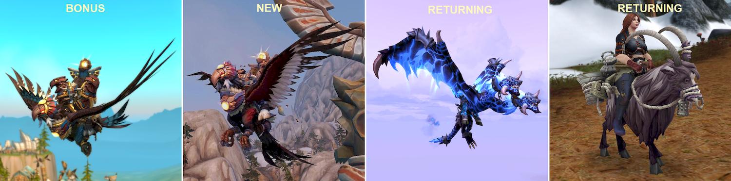 A montage of mounts from the upcoming June Trading Post. From left to right: (i) The Flame-Painted Sun Roc - a Sunwalker eagle mount with chocolate brown and dark teal green feathering, except for white wing tips. It is wearing a stylised bird mask of dark brown wood, with with red and blue zig-zags painted around the crest. Its mask and its wooden breastplate both have a large, circular glowing gem in the centre that is a pale yellow colour with triangles of gold around the circumference, giving it a stylised sun appearance. It is shown flying above Thunder Totem in Highmountain and it has the word &apo;BONUS&apo; written at the top. (ii) The Dusk-Painted Sun Roc - another Sunwalker eagle, but with black and red feathers, except for white and brown wing tips. The wood of its mask is slightly lighter than the Flame-Painted mount, and it has red and blue zig-zags painted around the crest. The glowing gems in its mask and breastplate are similar to the Flame-Painted Sun Roc. The mount is shown flying over Thunder Bluff in Kalimdor and the word &apo;NEW&apo; is written at the top.(iii) The Coldflame Cormaera - a fiery blue chimaera mottled with black, giving it a blue magma appearance, very much (intentionally) like a blue core hound. It flies high in a lavender sky with distant clouds. (iv) The Spotted Black Riding Goat - a dark brown goat with white flecks in its fur. It has a pale rope harness, a grey Pandaren bell hanging from its neck and a grey wicker basket and canister secured at its rump. It is ridden by a human woman in black top and blue leather pants. The cormaera and goat both have the word &apo;RETURNING&apo; written at the top.