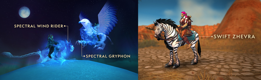 Left: A ghostly windrider (wyvern) and gryphon against a moonlit night sky. Right: a black and white striped and horned zhevra mount, ridden by a pink-haired troll woman in the dry landscape of the Barrens.