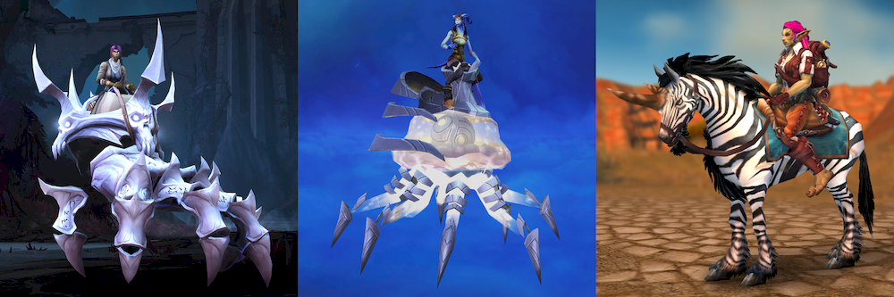 Left: A female Forsaken riding a pale, spiked, and spooky armoured hand mount from The Maw in the Shadowlands. Centre: A female Draenei riding a pale flying jellyfish with steel armour, from Zereth Mortis. Right: a female troll riding a black-and-white-striped, horned zhevra in the Barrens.