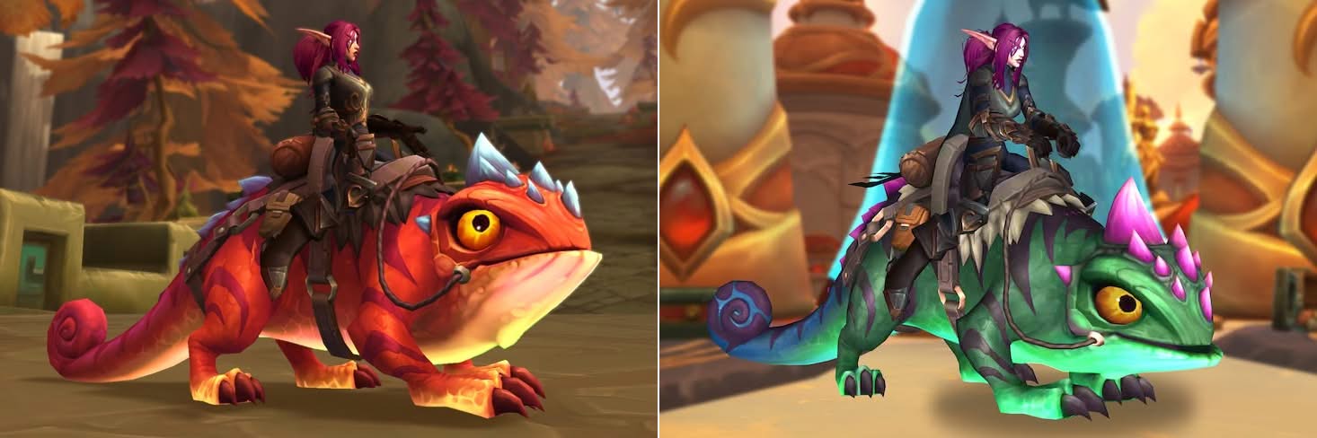  A montage of two screenshots of a female night elf with pale skin and magenta hair riding two leafmimic mounts. Leafmimics look essentially like Jackson