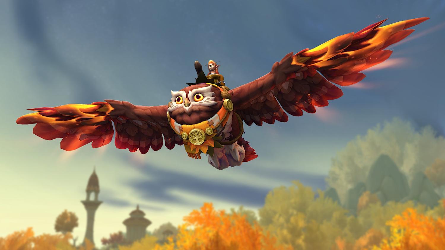 A pic of a reddish-brown owl with white face feathers and big, round golden eyes flying over Eversong Woods with a silhouette of Silvermoon