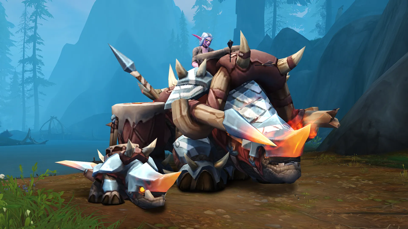 Image of a female night elf riding a kodo mount, its head barely visible under severely angular metal plate armour ending in a glowing hot nose spike, its sides flanked by long spears with fiery tips, and drums. On its left side stands a much smaller companion pet version, which looks very similar but lacks the drums and spears.