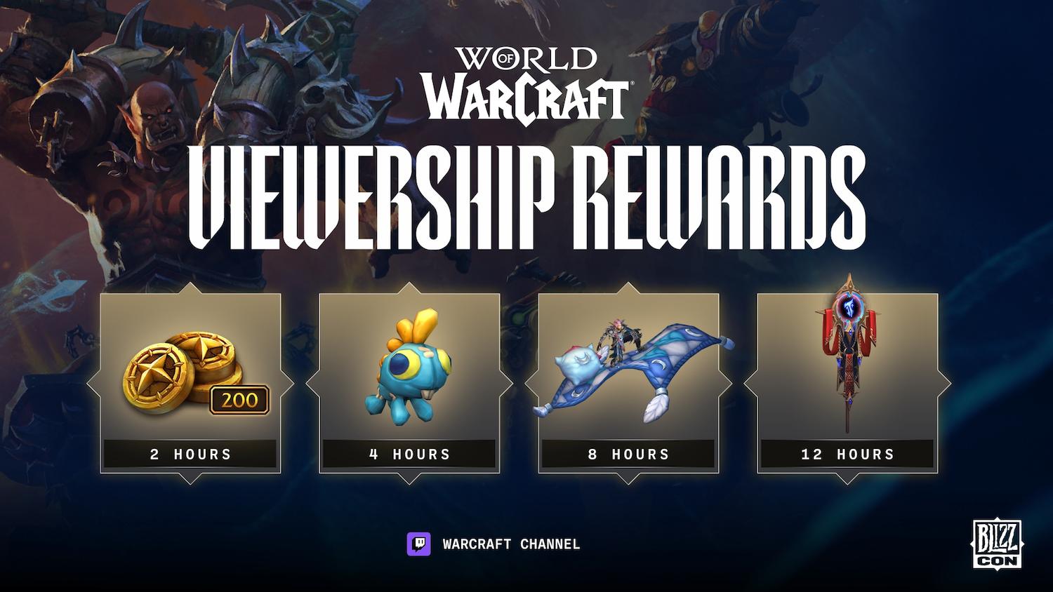 Official promo image of rewards for watching BlizzCon 2026 streams: 200 Trader’s Tender (2 hours), Cuddly Blue Grrgle Housing decor item (4 hours), Fluffy Comfy Flying Quilt Mount (8 hours), and the Venomous champion’s Illustrious Banner (12 hours).